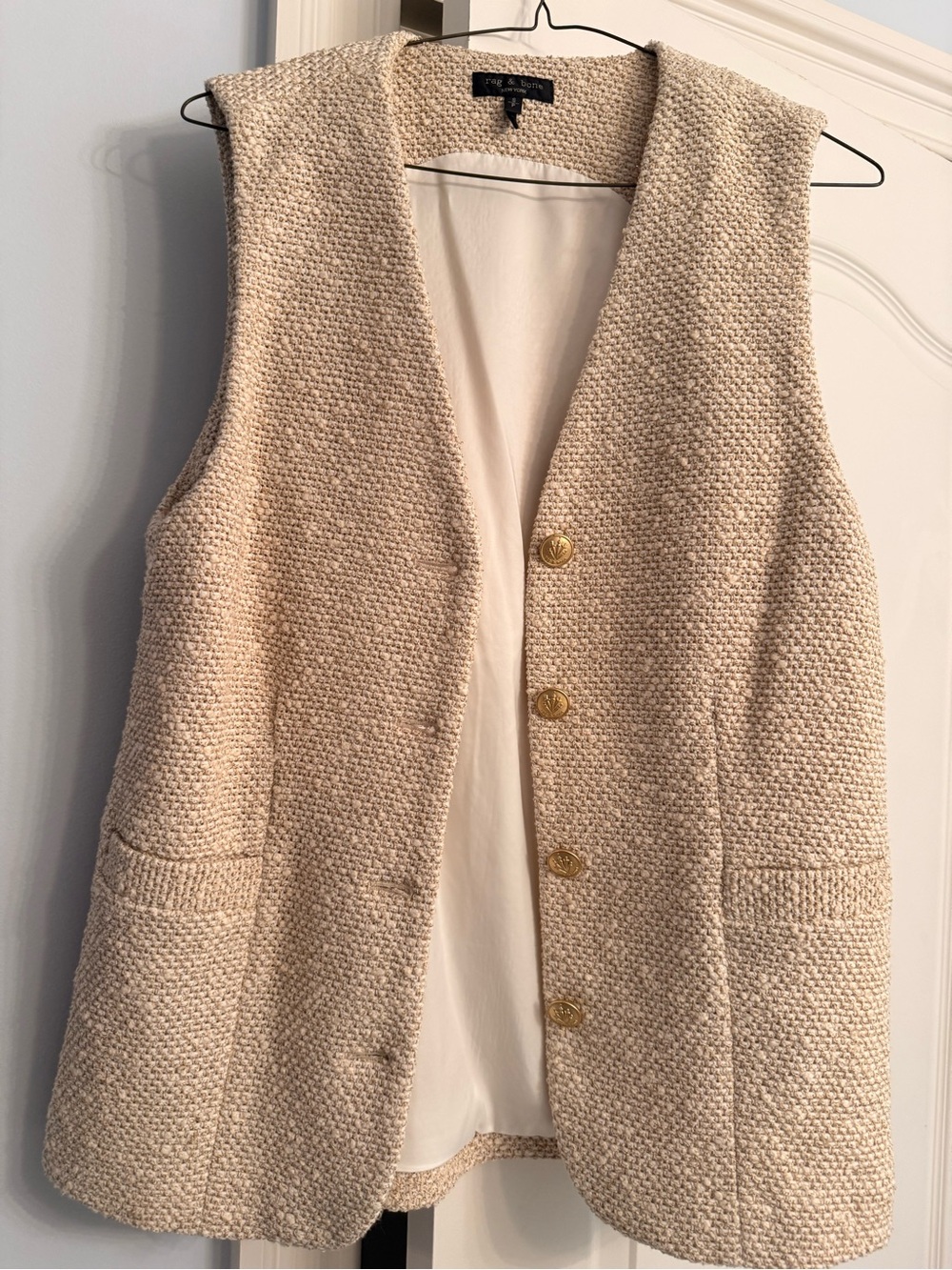 Rag and Bone Women's Cream Textured Knit Vest with Gold Buttons